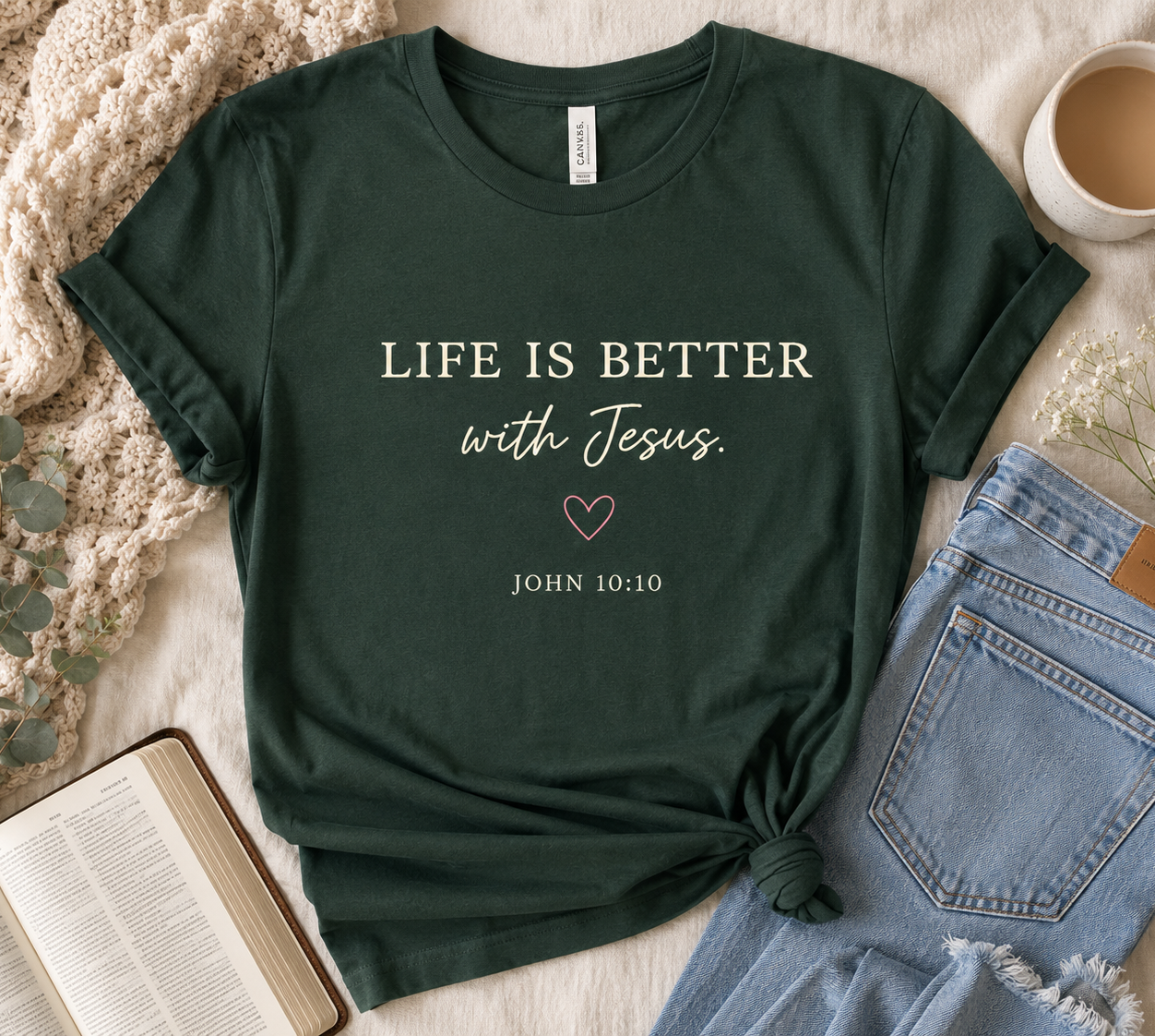 'Life is better with Jesus' Chistian Faith Crewneck Tee